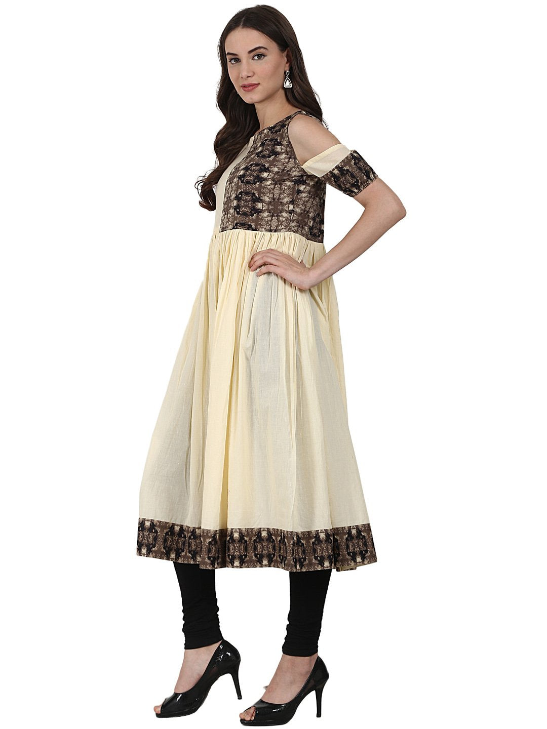 Cream Color Short Sleeve Cotton Anarkali Kurta | LASVINI - Redefining Indian Fashion with Elegance