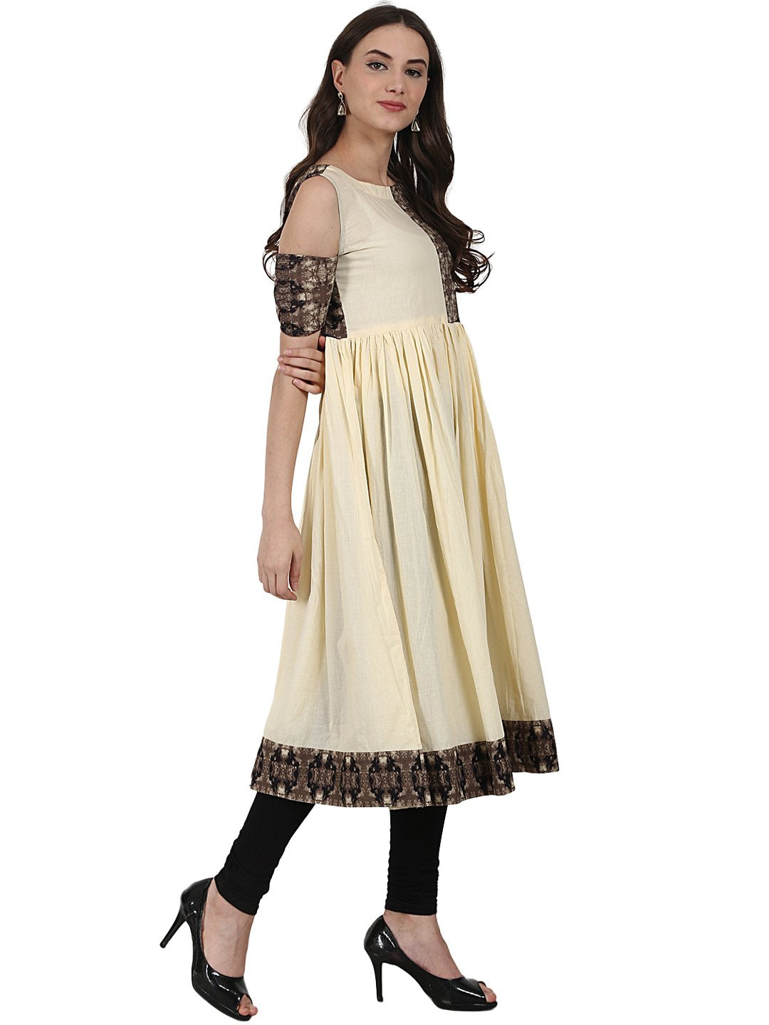 Cream Color Short Sleeve Cotton Anarkali Kurta | LASVINI - Redefining Indian Fashion with Elegance