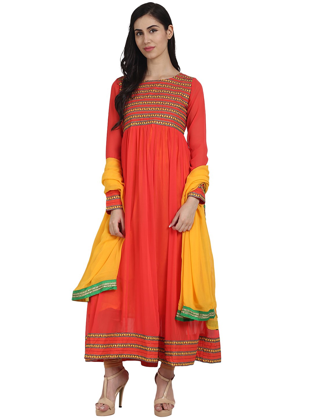 Orange Color 3/4Th Sleeve Georgette Anarkali Kurta With Embriodery Work And Yellow Dupatta | LASVINI - Redefining Indian Fashion with Elegance