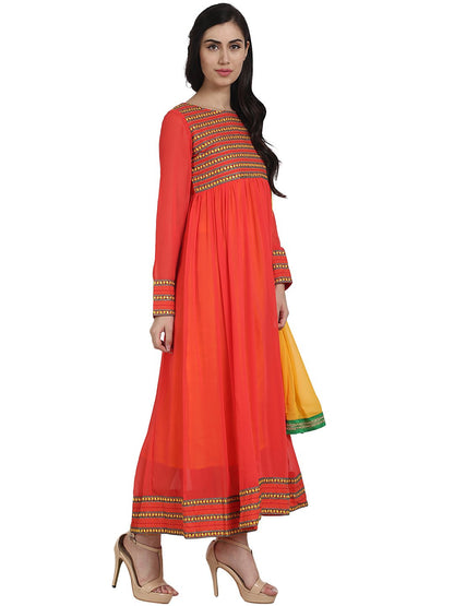 Orange Color 3/4Th Sleeve Georgette Anarkali Kurta With Embriodery Work And Yellow Dupatta | LASVINI - Redefining Indian Fashion with Elegance