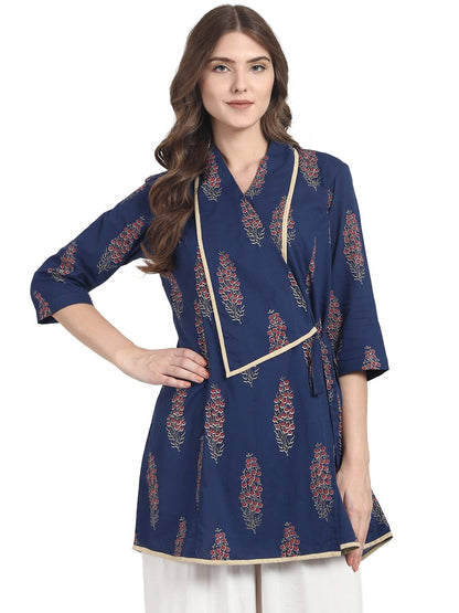 Blue 3/4 Sleeve Cotton Angrakha Style Tunic | LASVINI - Redefining Indian Fashion with Elegance