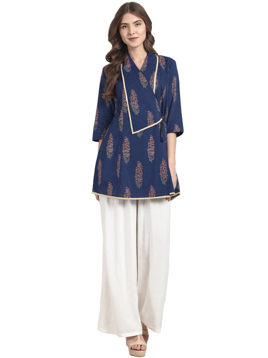 Blue 3/4 Sleeve Cotton Angrakha Style Tunic | LASVINI - Redefining Indian Fashion with Elegance