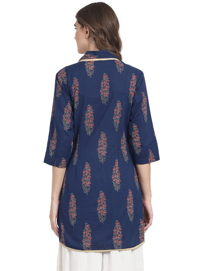 Blue 3/4 Sleeve Cotton Angrakha Style Tunic | LASVINI - Redefining Indian Fashion with Elegance