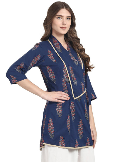 Blue 3/4 Sleeve Cotton Angrakha Style Tunic | LASVINI - Redefining Indian Fashion with Elegance