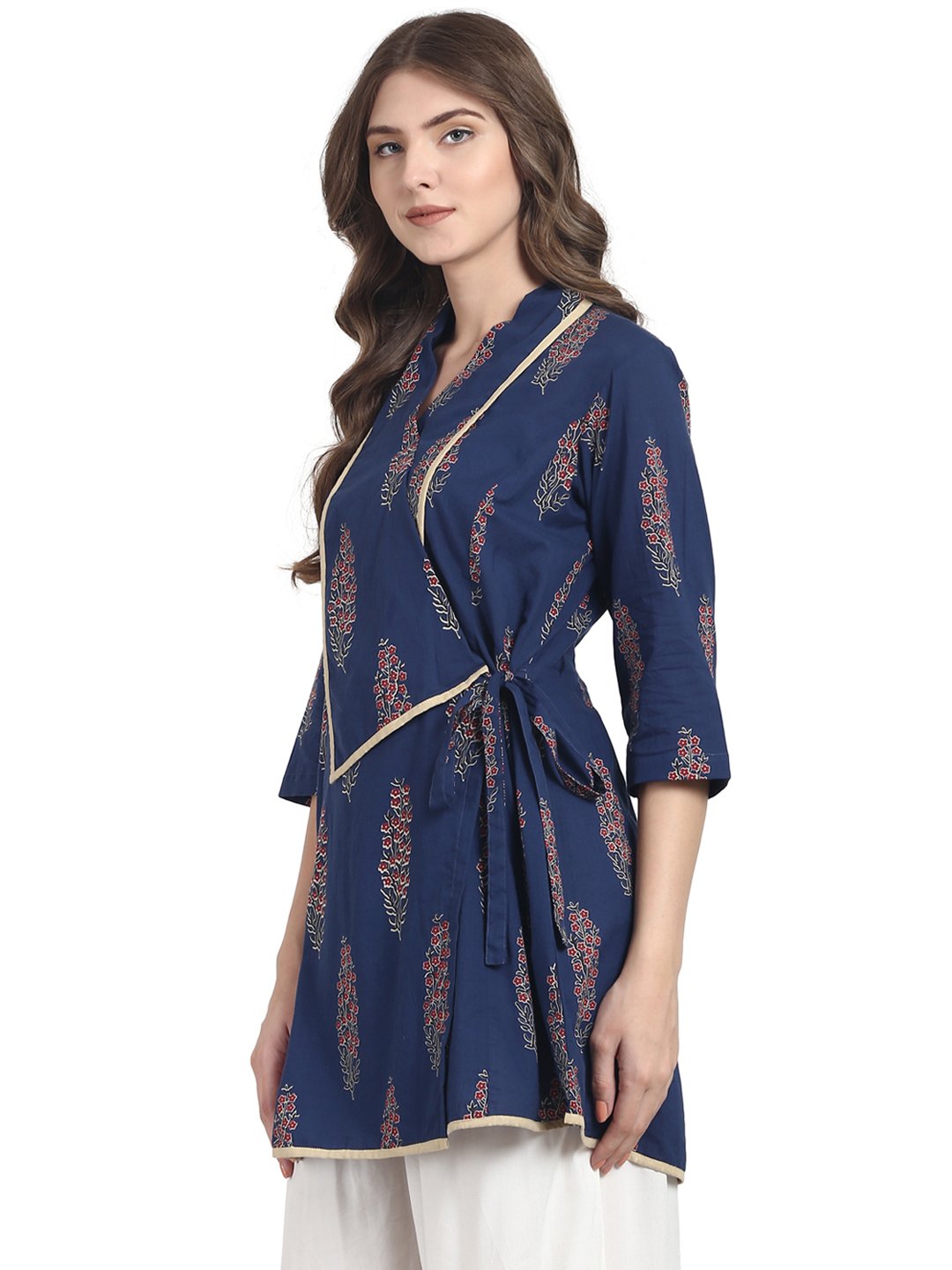 Blue 3/4 Sleeve Cotton Angrakha Style Tunic | LASVINI - Redefining Indian Fashion with Elegance