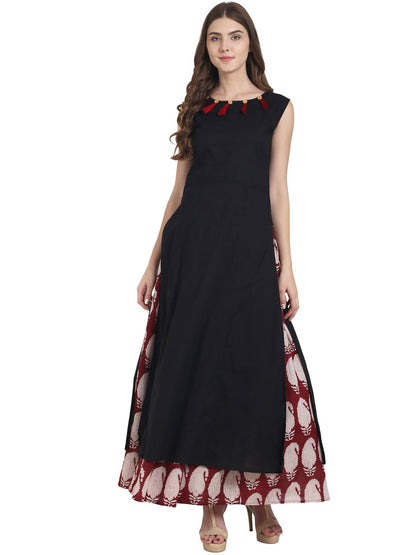 Black Cotton Sleeveless Kurta With Red Printed Skirt | LASVINI - Redefining Indian Fashion with Elegance