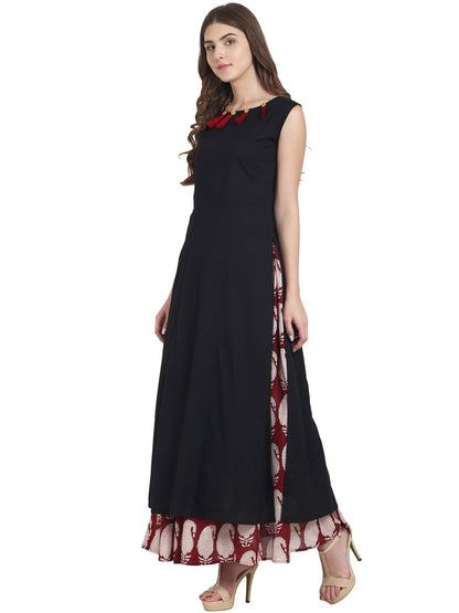 Black Cotton Sleeveless Kurta With Red Printed Skirt | LASVINI - Redefining Indian Fashion with Elegance