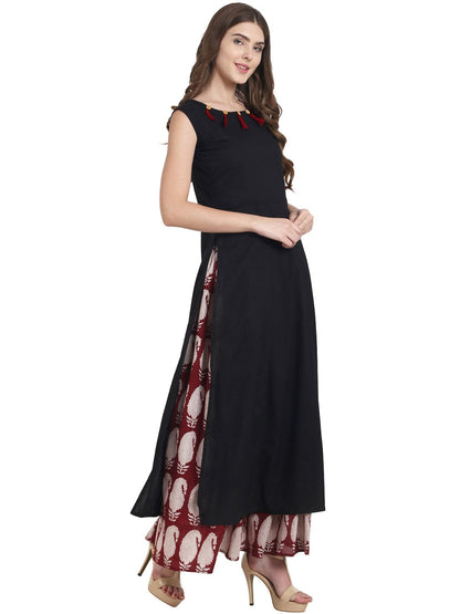 Black Cotton Sleeveless Kurta With Red Printed Skirt | LASVINI - Redefining Indian Fashion with Elegance