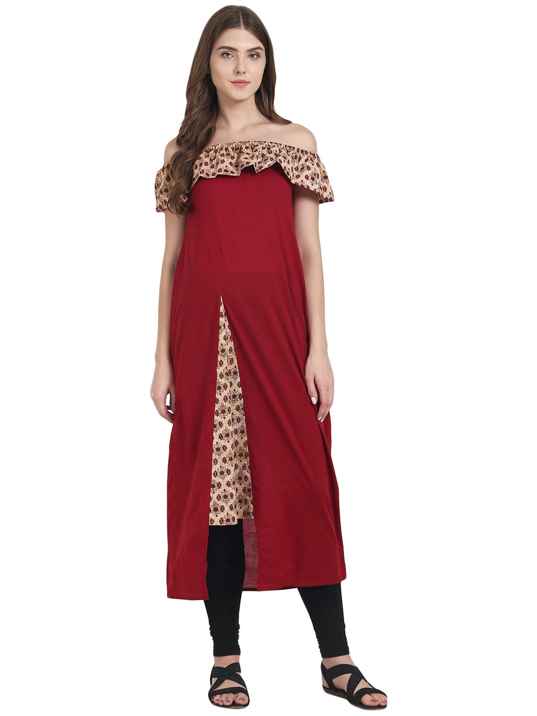 Maroon Off Shoulder Cotton Maxi Dress | LASVINI - Redefining Indian Fashion with Elegance