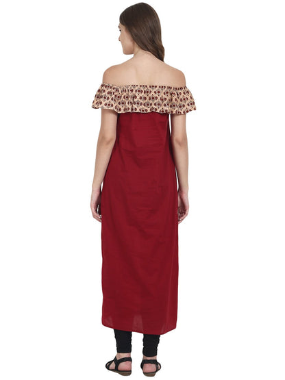 Maroon Off Shoulder Cotton Maxi Dress | LASVINI - Redefining Indian Fashion with Elegance
