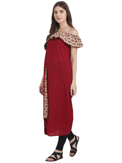 Maroon Off Shoulder Cotton Maxi Dress | LASVINI - Redefining Indian Fashion with Elegance