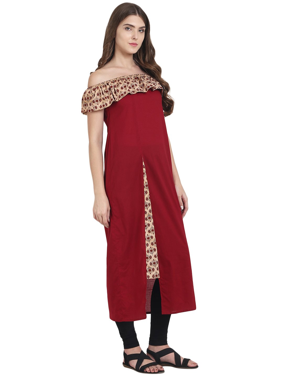Maroon Off Shoulder Cotton Maxi Dress | LASVINI - Redefining Indian Fashion with Elegance