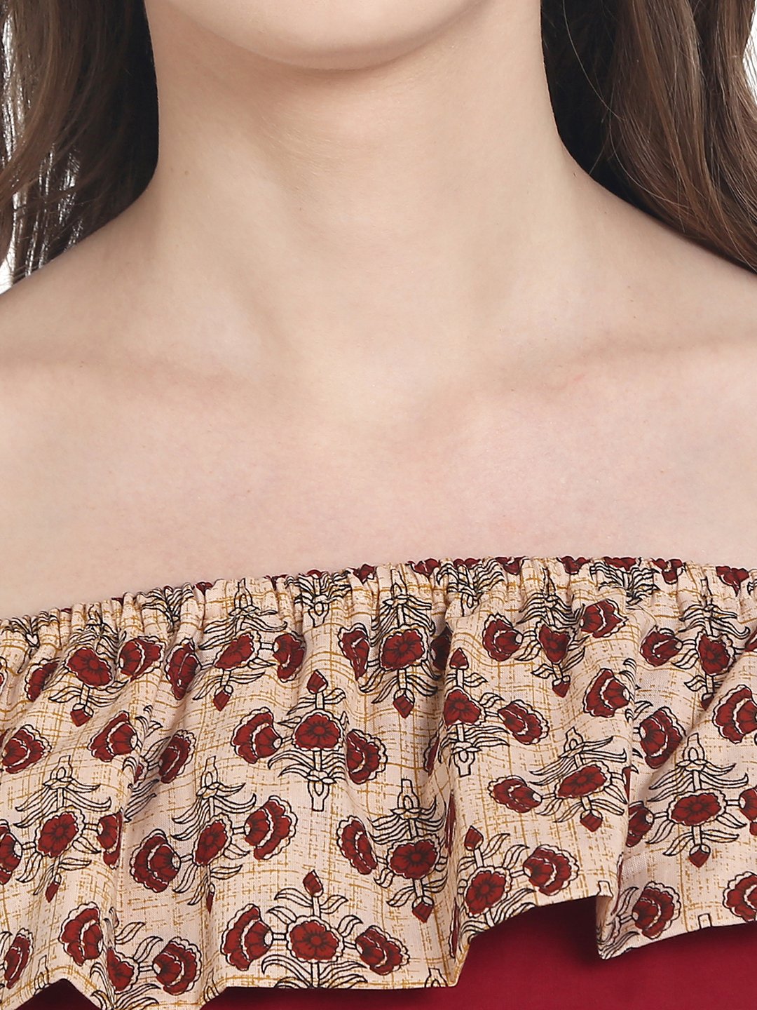 Maroon Off Shoulder Cotton Maxi Dress | LASVINI - Redefining Indian Fashion with Elegance