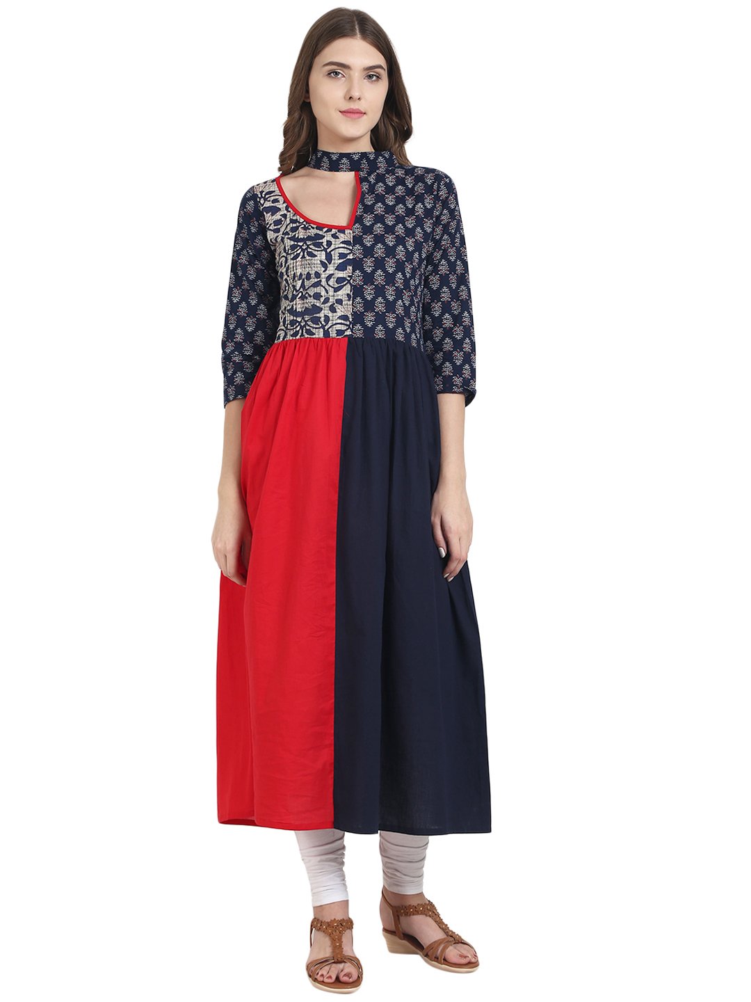 Navy Blue & Red Cotton Anarkali Kurta With Printed Yoke | LASVINI - Redefining Indian Fashion with Elegance