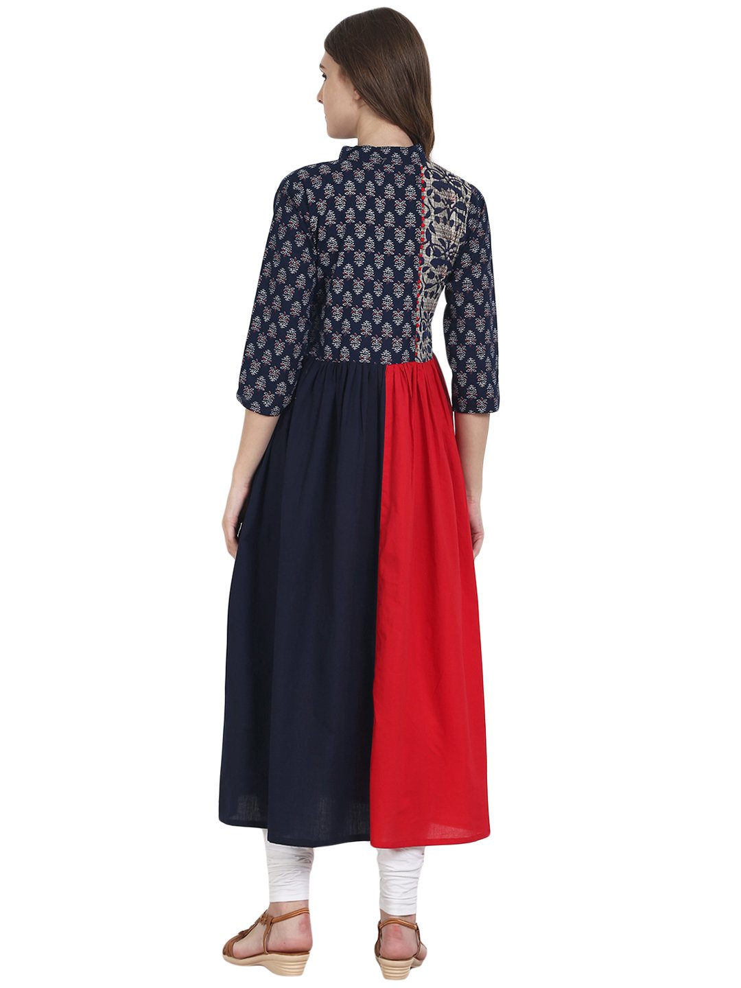 Navy Blue & Red Cotton Anarkali Kurta With Printed Yoke | LASVINI - Redefining Indian Fashion with Elegance
