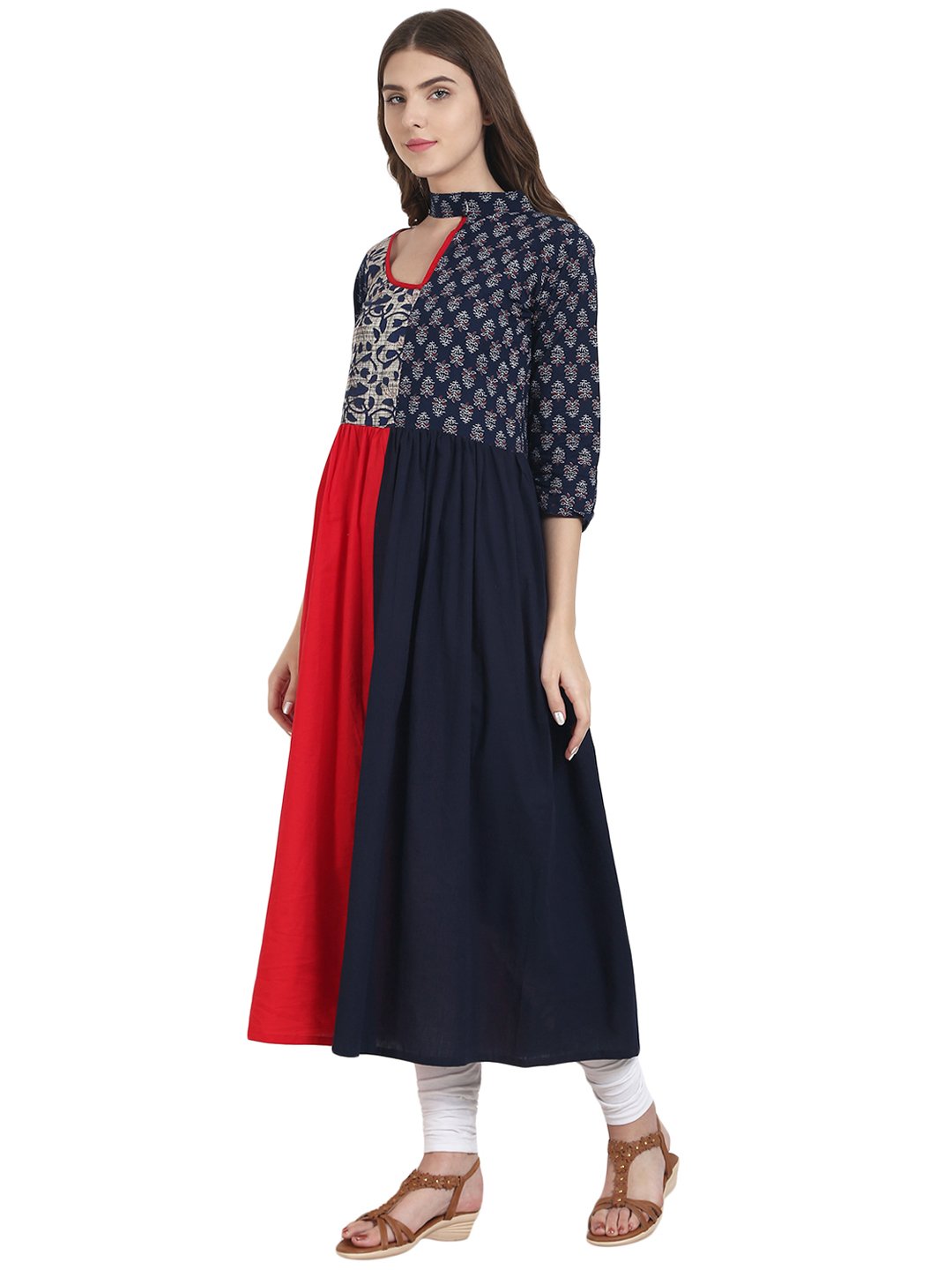 Navy Blue & Red Cotton Anarkali Kurta With Printed Yoke | LASVINI - Redefining Indian Fashion with Elegance