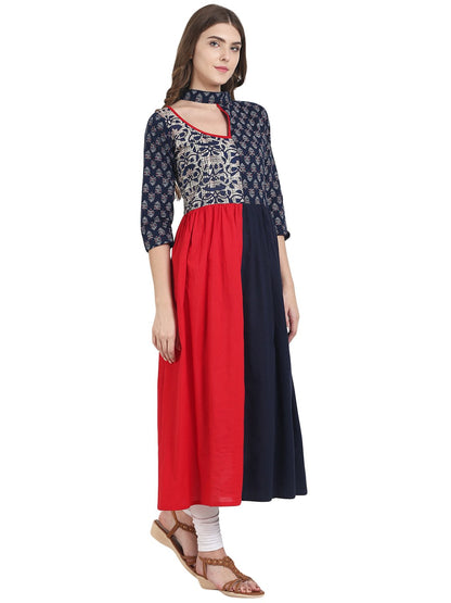Navy Blue & Red Cotton Anarkali Kurta With Printed Yoke | LASVINI - Redefining Indian Fashion with Elegance