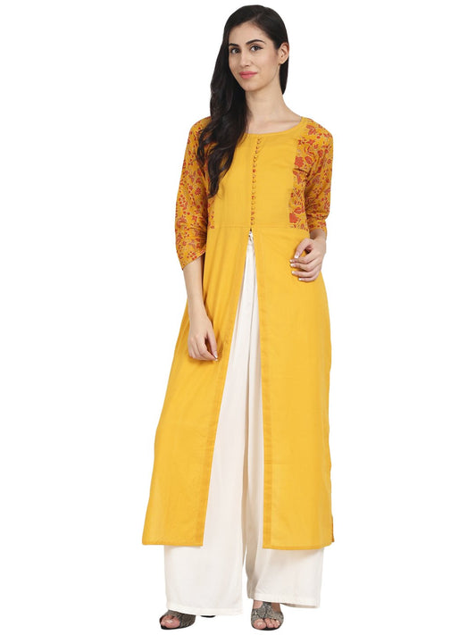 Mustard Yellow Cotton 3/4Th Sleeve Front Slit Kurta With Block Printed In Yoke And Border | LASVINI - Redefining Indian Fashion with Elegance