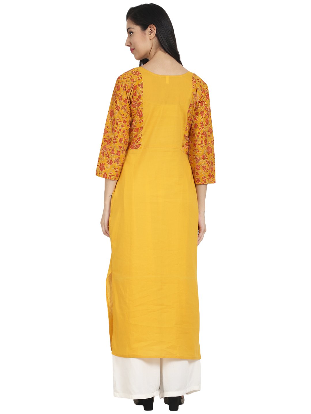 Mustard Yellow Cotton 3/4Th Sleeve Front Slit Kurta With Block Printed In Yoke And Border | LASVINI - Redefining Indian Fashion with Elegance