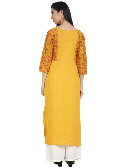 Mustard Yellow Cotton 3/4Th Sleeve Front Slit Kurta With Block Printed In Yoke And Border | LASVINI - Redefining Indian Fashion with Elegance