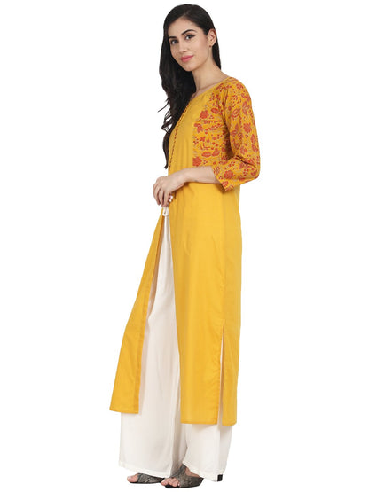 Mustard Yellow Cotton 3/4Th Sleeve Front Slit Kurta With Block Printed In Yoke And Border | LASVINI - Redefining Indian Fashion with Elegance