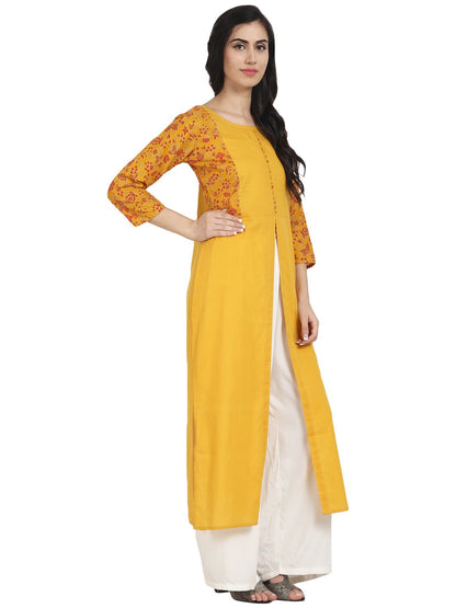 Mustard Yellow Cotton 3/4Th Sleeve Front Slit Kurta With Block Printed In Yoke And Border | LASVINI - Redefining Indian Fashion with Elegance