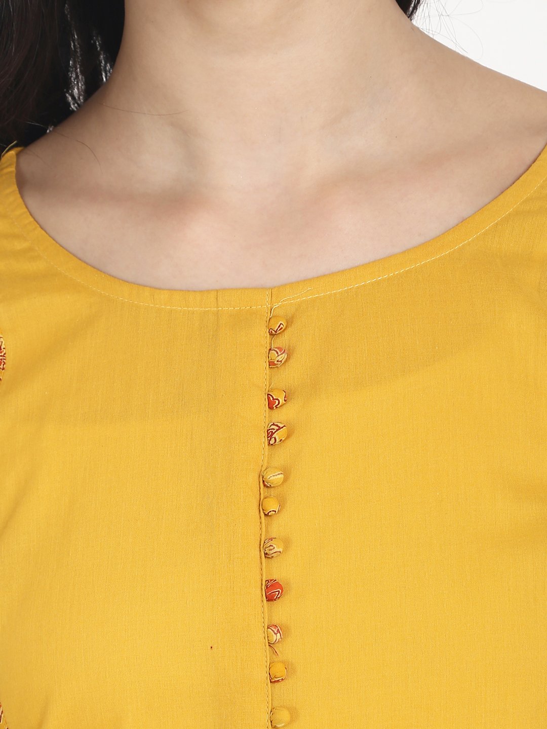 Mustard Yellow Cotton 3/4Th Sleeve Front Slit Kurta With Block Printed In Yoke And Border | LASVINI - Redefining Indian Fashion with Elegance