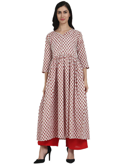 Off White Printed 3/4Th Sleeve Cotton Anarkali Kurta | LASVINI - Redefining Indian Fashion with Elegance