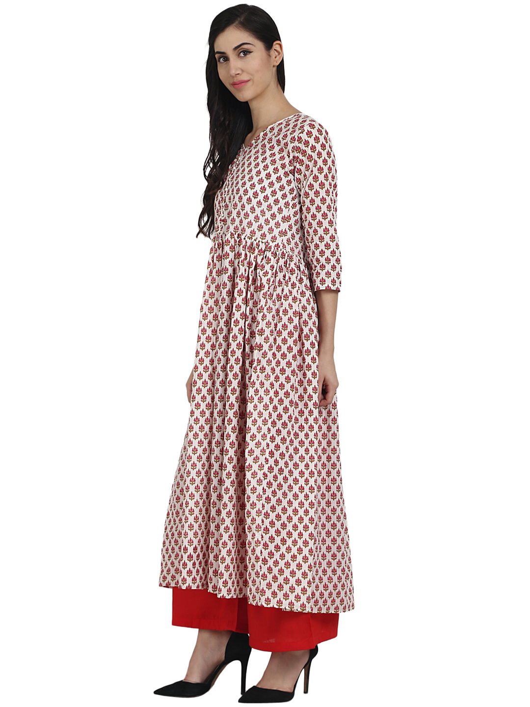 Off White Printed 3/4Th Sleeve Cotton Anarkali Kurta | LASVINI - Redefining Indian Fashion with Elegance