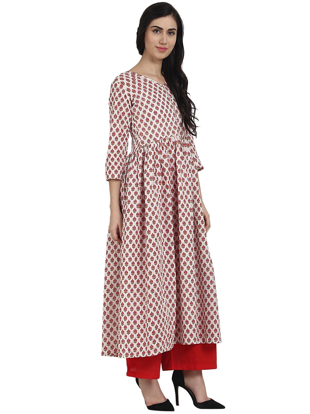 Off White Printed 3/4Th Sleeve Cotton Anarkali Kurta | LASVINI - Redefining Indian Fashion with Elegance