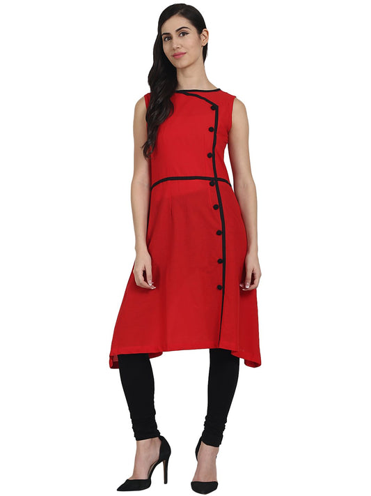 Red Sleevless Cotton A-Line Kurta | LASVINI - Redefining Indian Fashion with Elegance