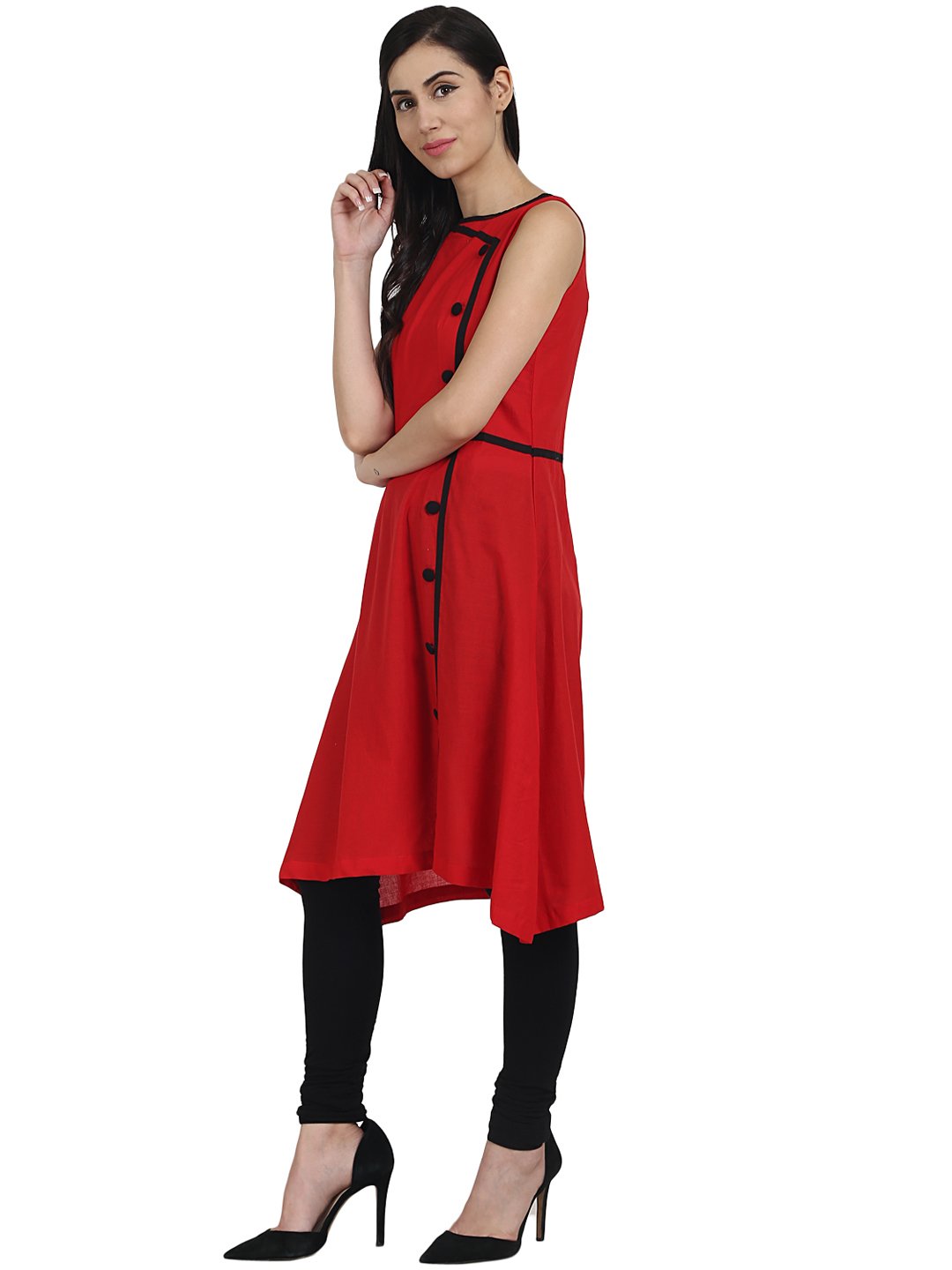 Red Sleevless Cotton A-Line Kurta | LASVINI - Redefining Indian Fashion with Elegance