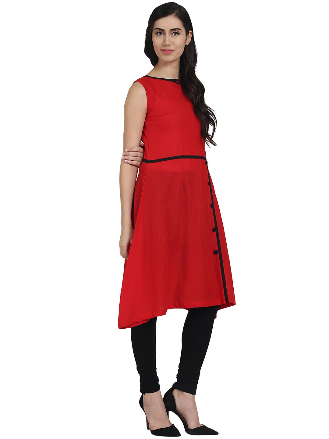 Red Sleevless Cotton A-Line Kurta | LASVINI - Redefining Indian Fashion with Elegance