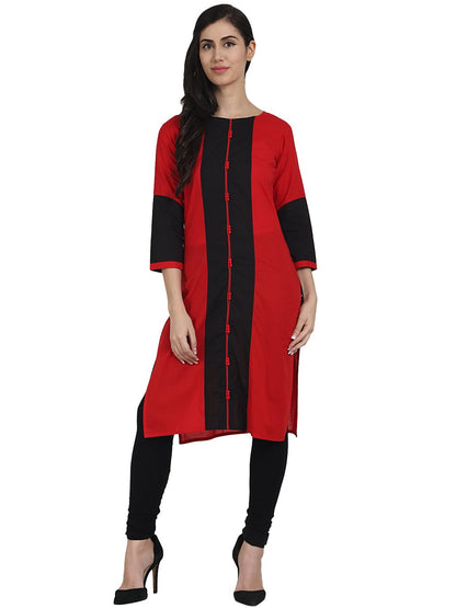 Red 3/4Th Sleeve Cotton Straight Kurta | LASVINI - Redefining Indian Fashion with Elegance