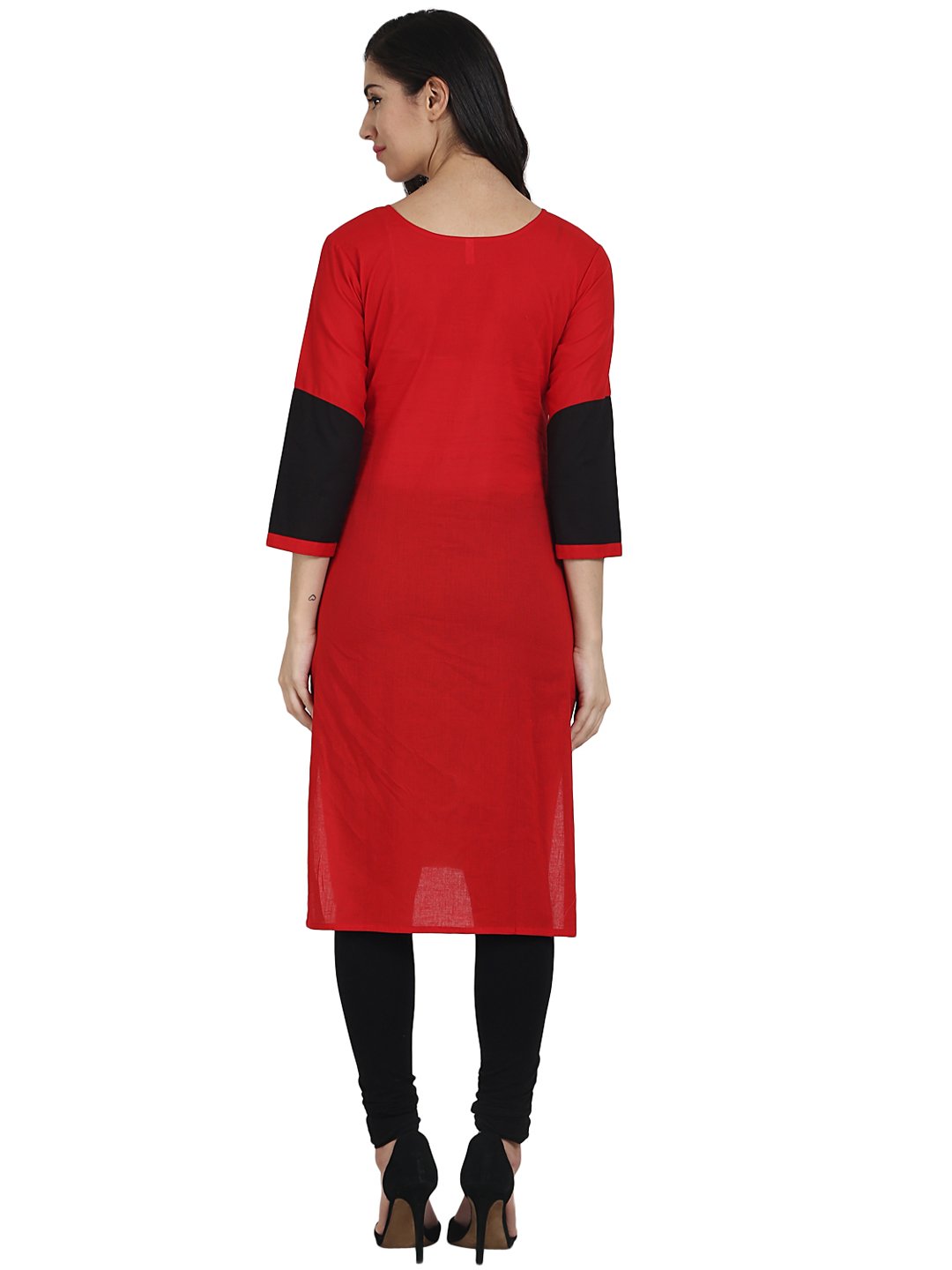 Red 3/4Th Sleeve Cotton Straight Kurta | LASVINI - Redefining Indian Fashion with Elegance