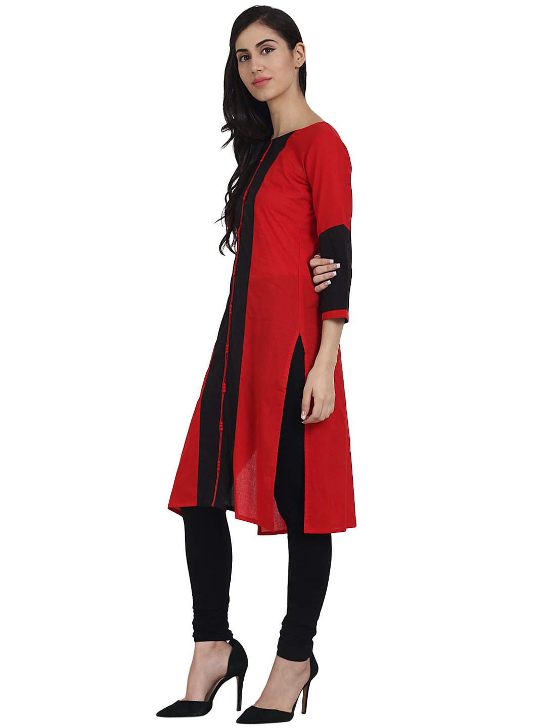 Red 3/4Th Sleeve Cotton Straight Kurta | LASVINI - Redefining Indian Fashion with Elegance