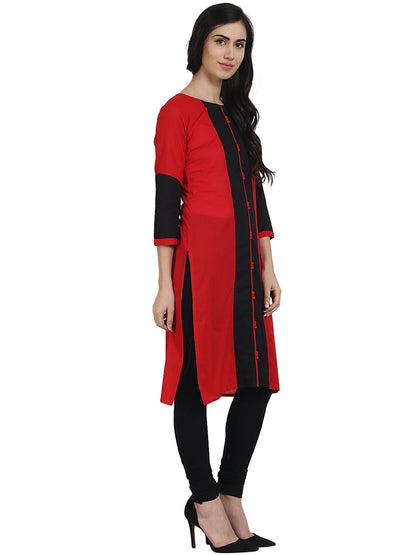 Red 3/4Th Sleeve Cotton Straight Kurta | LASVINI - Redefining Indian Fashion with Elegance
