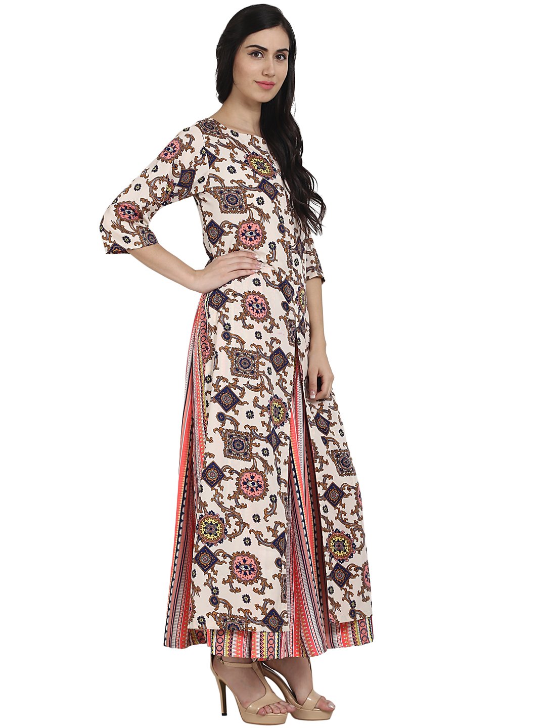 White Printed 3/4Th Sleeve Crepe A-Line Kurta With Peach Printed Palazzo | LASVINI - Redefining Indian Fashion with Elegance