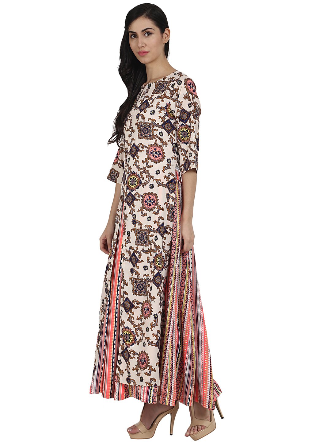 White Printed 3/4Th Sleeve Crepe A-Line Kurta With Peach Printed Palazzo | LASVINI - Redefining Indian Fashion with Elegance