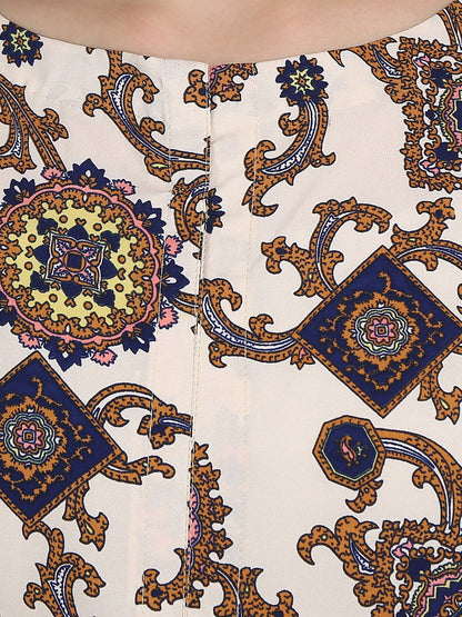 White Printed 3/4Th Sleeve Crepe A-Line Kurta With Peach Printed Palazzo | LASVINI - Redefining Indian Fashion with Elegance