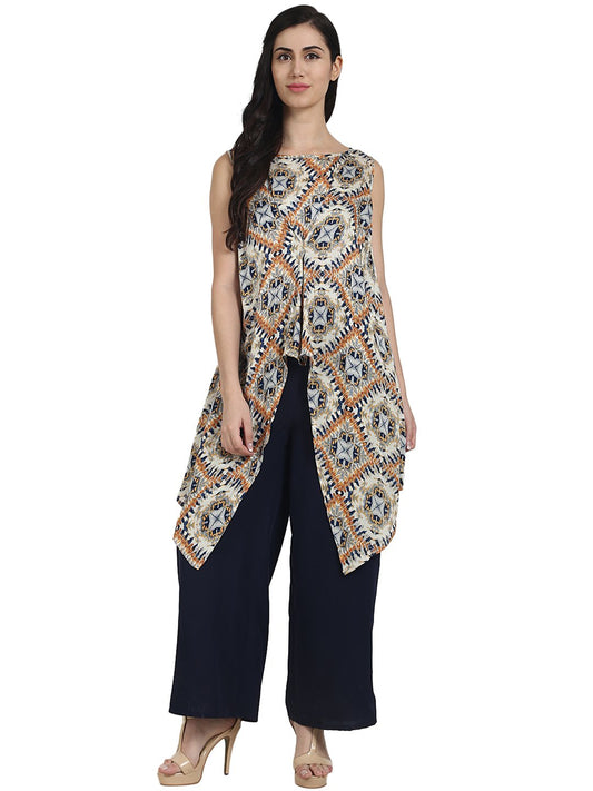 Blue Printed Crepe Sleeveless Assymetric Kurta With Navy Blue Palazzo | LASVINI - Redefining Indian Fashion with Elegance