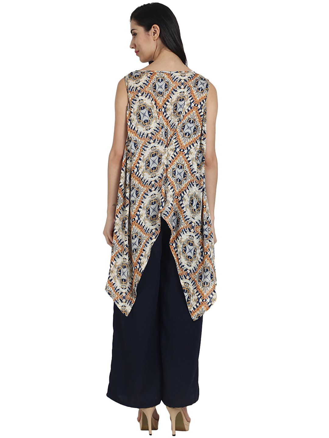 Blue Printed Crepe Sleeveless Assymetric Kurta With Navy Blue Palazzo | LASVINI - Redefining Indian Fashion with Elegance