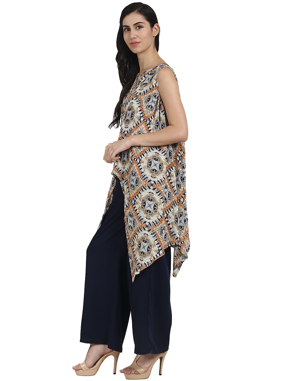 Blue Printed Crepe Sleeveless Assymetric Kurta With Navy Blue Palazzo | LASVINI - Redefining Indian Fashion with Elegance