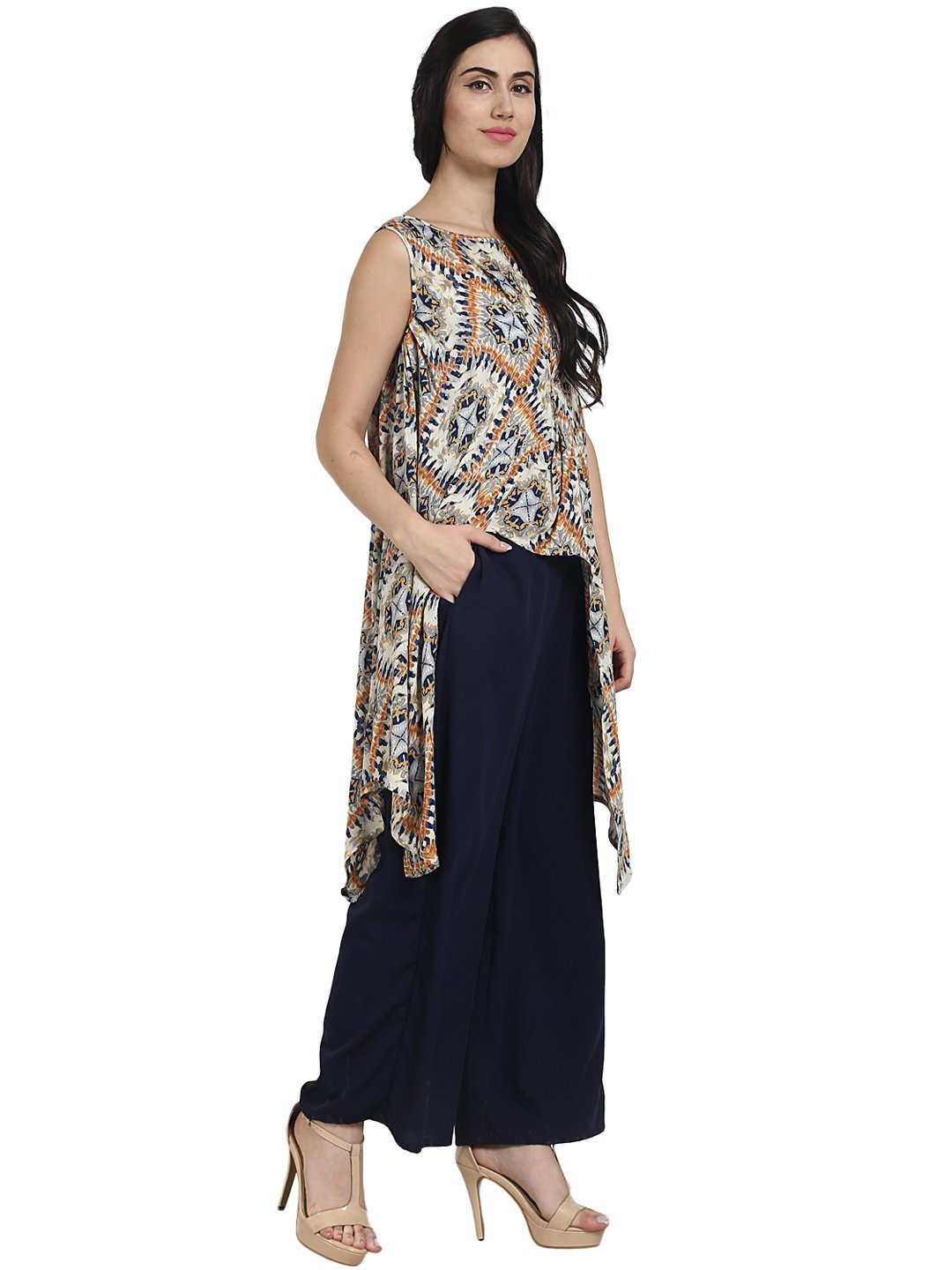 Blue Printed Crepe Sleeveless Assymetric Kurta With Navy Blue Palazzo | LASVINI - Redefining Indian Fashion with Elegance