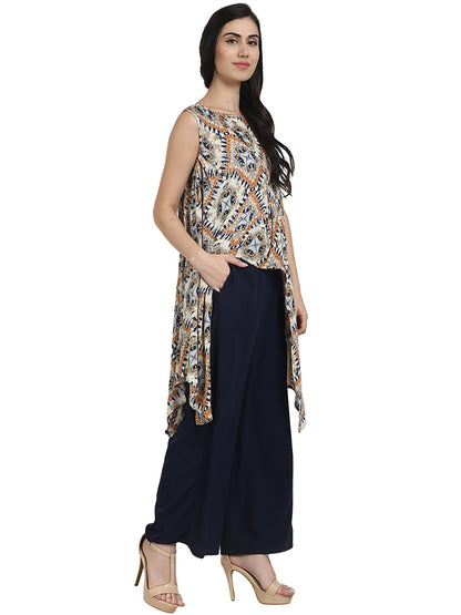 Blue Printed Crepe Sleeveless Assymetric Kurta With Navy Blue Palazzo | LASVINI - Redefining Indian Fashion with Elegance
