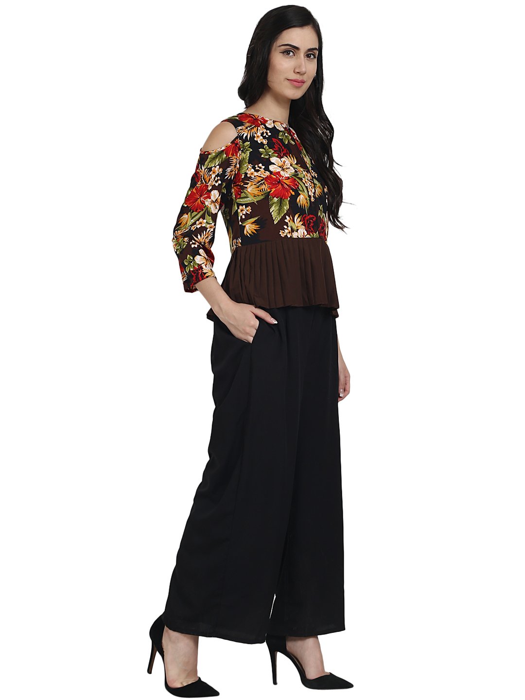 Black Printed Crepe Cold Shoulder 3/4Th Sleeve Top With Solid Black Palazzo Having One Side Pocket | LASVINI - Redefining Indian Fashion with Elegance
