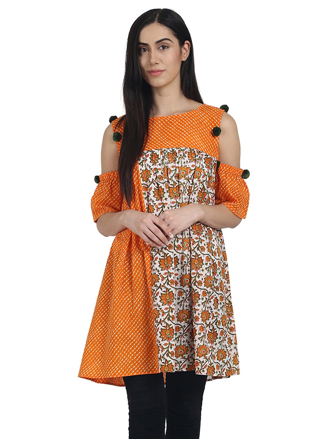 Orange Printed Cotton Cold Shoulder Half Sleeve Pleated Tunics | LASVINI - Redefining Indian Fashion with Elegance