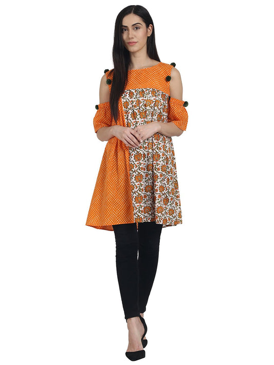 Orange Printed Cotton Cold Shoulder Half Sleeve Pleated Tunics | LASVINI - Redefining Indian Fashion with Elegance