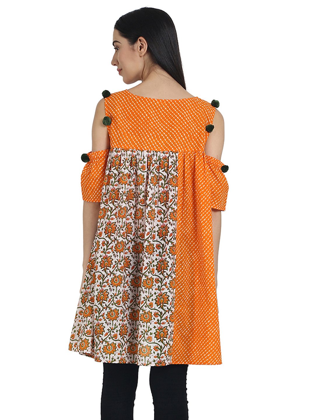 Orange Printed Cotton Cold Shoulder Half Sleeve Pleated Tunics | LASVINI - Redefining Indian Fashion with Elegance