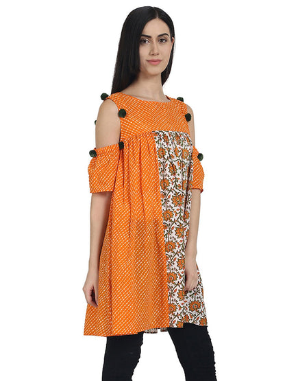 Orange Printed Cotton Cold Shoulder Half Sleeve Pleated Tunics | LASVINI - Redefining Indian Fashion with Elegance